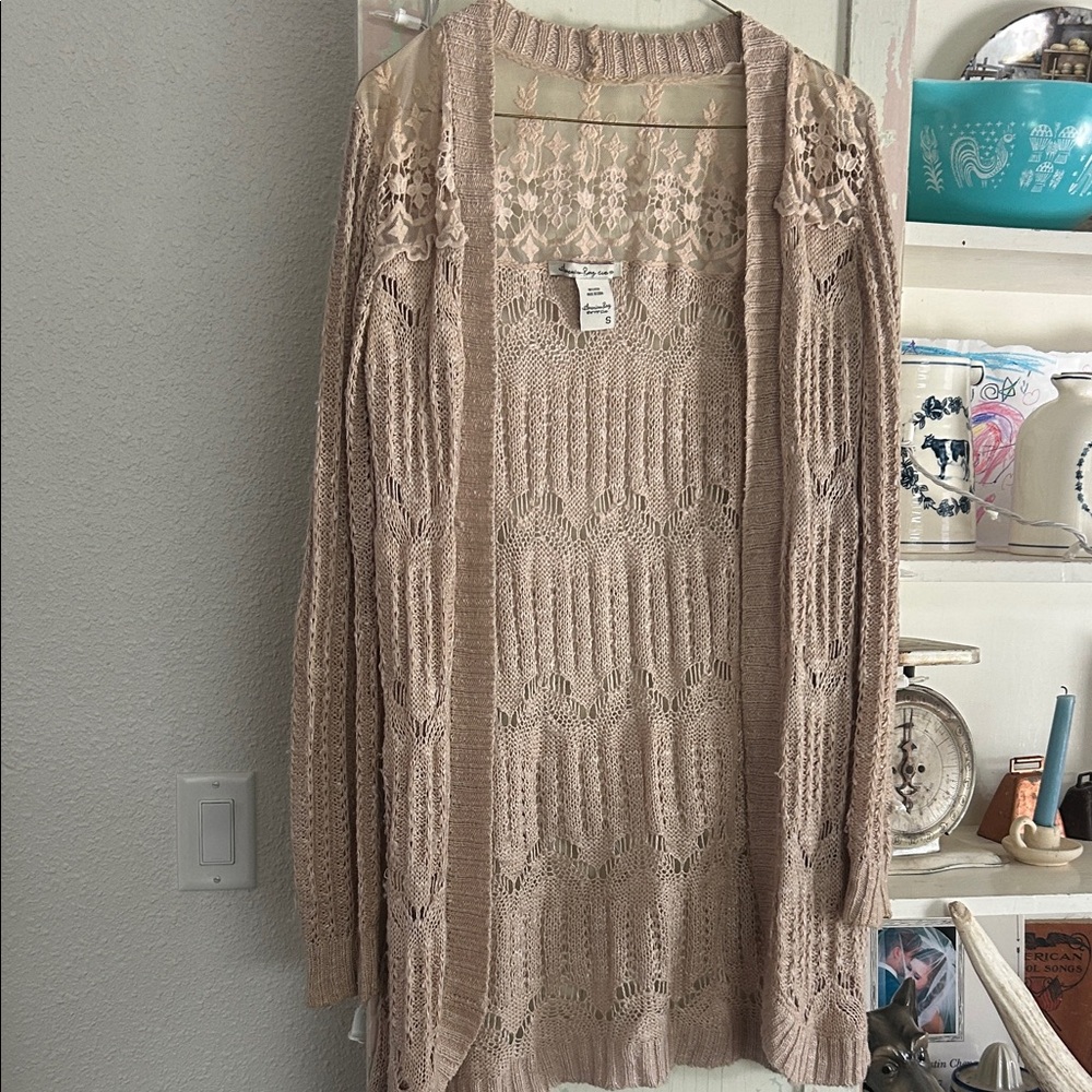 Light Taupe Open-Knit Cardigan Sweater - Womens